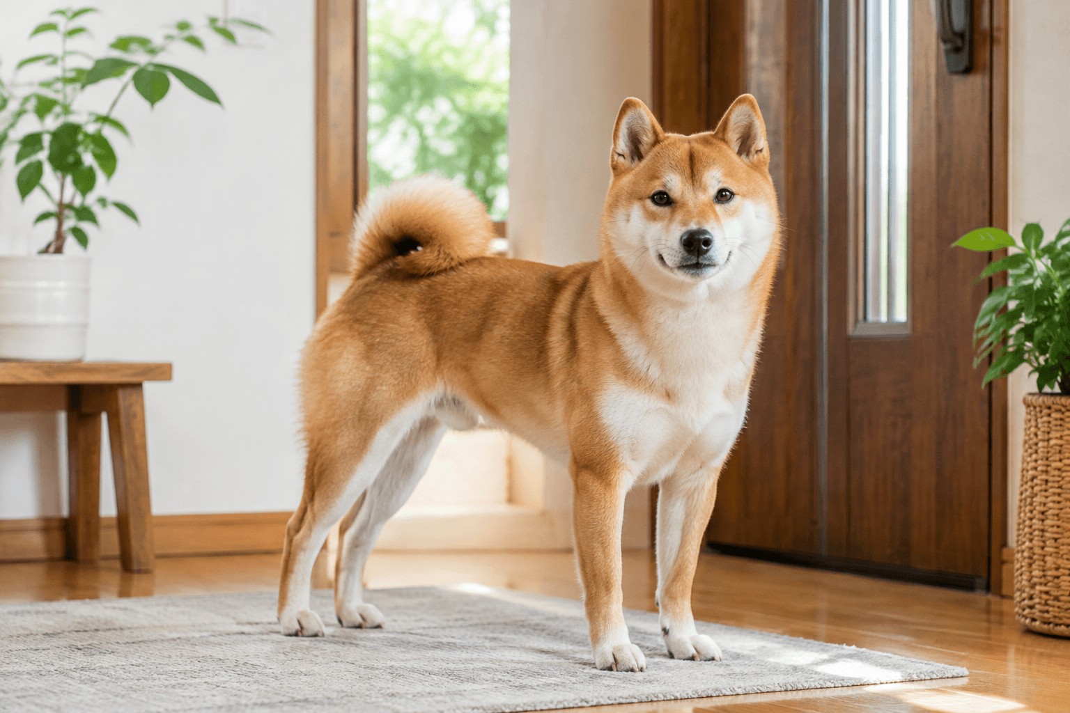明るい室内に立つ柴犬
